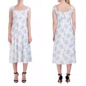 Laundry by Shelli Segal Floral Midi Dress 12 Blue White Bow Strap $198 Retail